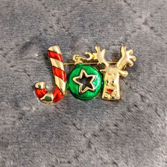 Vintage 1980's Christmas "Joy" Enameled and Goldtone Brooche - Picture 4 of 9